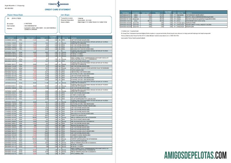Extrato bancário do Turkey Bankasi 2 páginas modelo